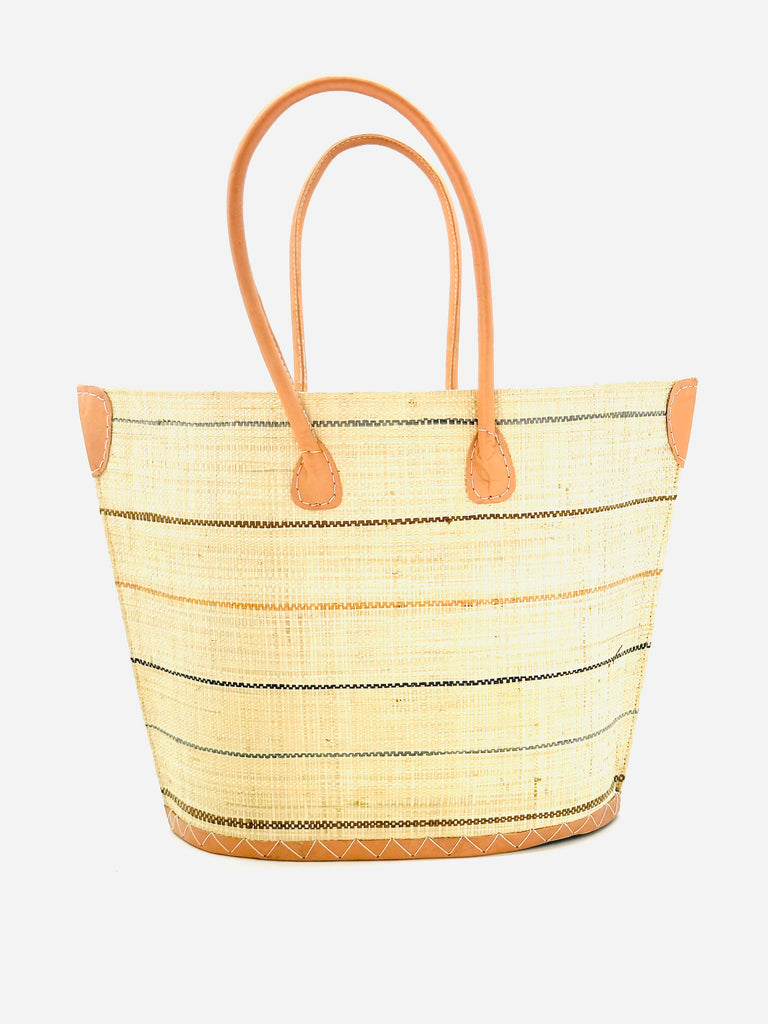 Santa Cruz Neutrals Pinstripes Small Straw Tote Bag handmade loomed raffia in a wide stripe of natural straw color with multicolor Neutrals thin stripes of cinnamon/tobacco/brown, grey, tea brown, and black in a horizontal pinstripe pattern handbag with leather handles and details beach bag - Shebobo