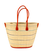 Santa Cruz Blues Pinstripes Small Straw Tote Bag handmade loomed raffia in a wide stripe of natural straw color with multicolor blue thin stripes of navy, light, turquoise, and seafoam in a horizontal pinstripe pattern handbag with leather handles and details beach bag - Shebobo