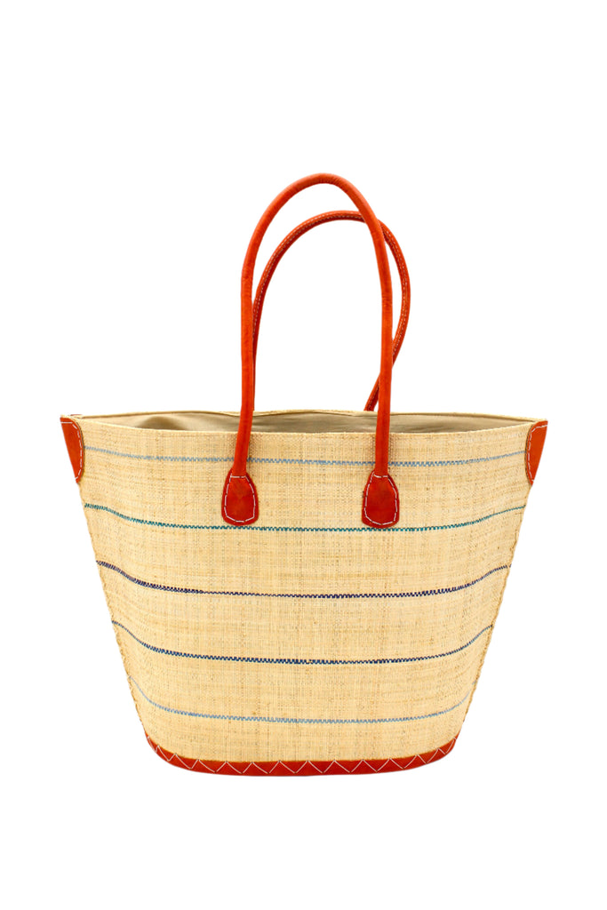 Santa Cruz Blues Pinstripes Small Straw Tote Bag handmade loomed raffia in a wide stripe of natural straw color with multicolor blue thin stripes of navy, light, turquoise, and seafoam in a horizontal pinstripe pattern handbag with leather handles and details beach bag - Shebobo