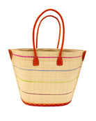Santa Cruz Brights Pinstripes Small Straw Tote Bag handmade loomed raffia in a wide stripe of natural straw color with multicolor brights thin stripes of fuchsia pink, grey, lime green, bordeaux deep red, coral orange, tea brown, etc. in a horizontal pinstripe pattern handbag with leather handles and details beach bag - Shebobo