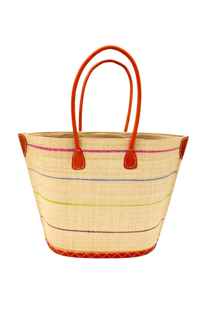 Santa Cruz Brights Pinstripes Small Straw Tote Bag handmade loomed raffia in a wide stripe of natural straw color with multicolor brights thin stripes of fuchsia pink, grey, lime green, bordeaux deep red, coral orange, tea brown, etc. in a horizontal pinstripe pattern handbag with leather handles and details beach bag - Shebobo