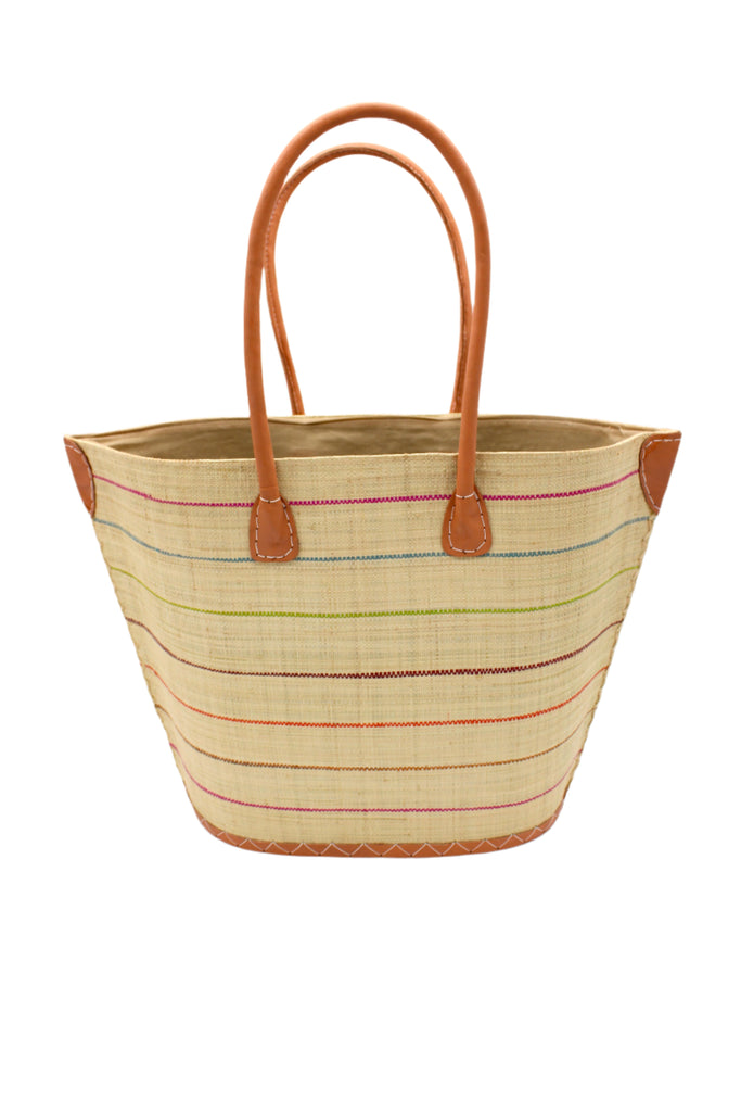 Santa Cruz Brights Pinstripes Small Straw Tote Bag handmade loomed raffia in a wide stripe of natural straw color with multicolor brights thin stripes of fuchsia pink, grey, lime green, bordeaux deep red, coral orange, tea brown, etc. in a horizontal pinstripe pattern handbag with leather handles and details beach bag - Shebobo