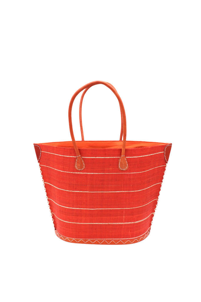 Santa Cruz Coral Pinstripes Small Straw Tote Bag handmade loomed raffia in a horizontal pinstripe pattern of wide bands of coral orange/red with narrow natural straw color bands handbag with leather handles and accents - Shebobo