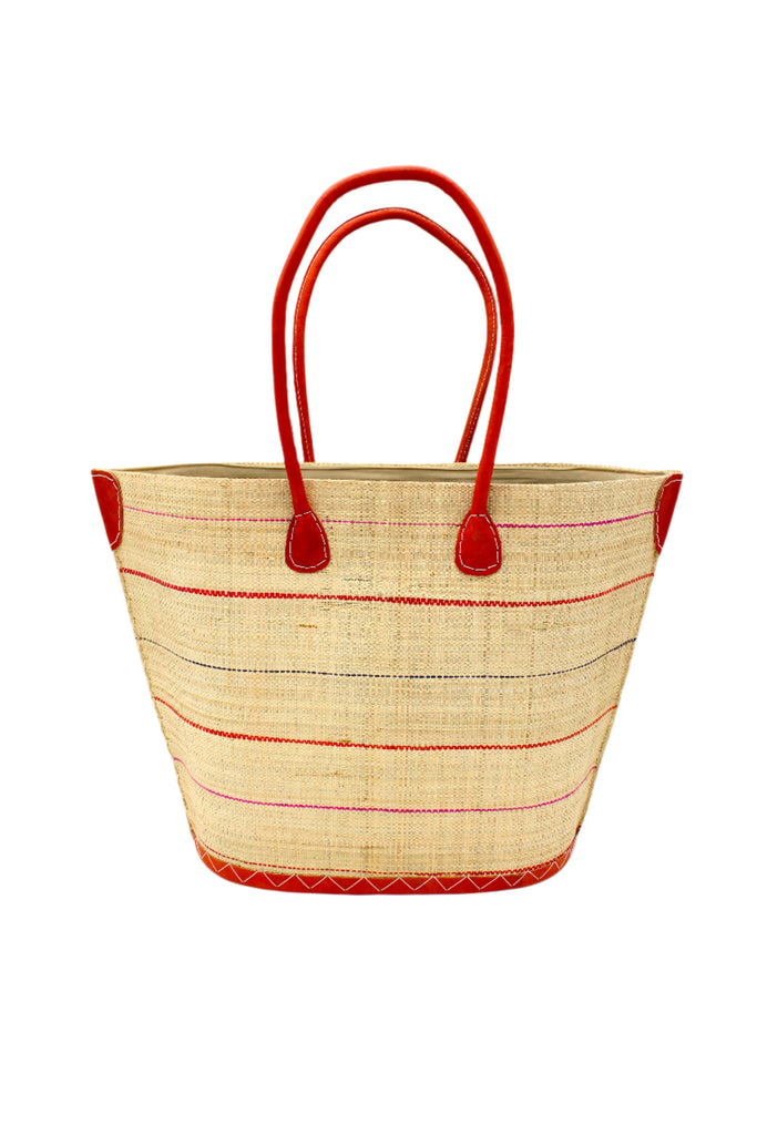 Santa Cruz Multi Pinstripes Small Straw Tote Bag handmade loomed raffia in a wide stripe of natural straw color with multicolor multicolor thin stripes of coral red/orange, fuchsia pink, and navy bluein a horizontal pinstripe pattern handbag with leather handles and details beach bag - Shebobo