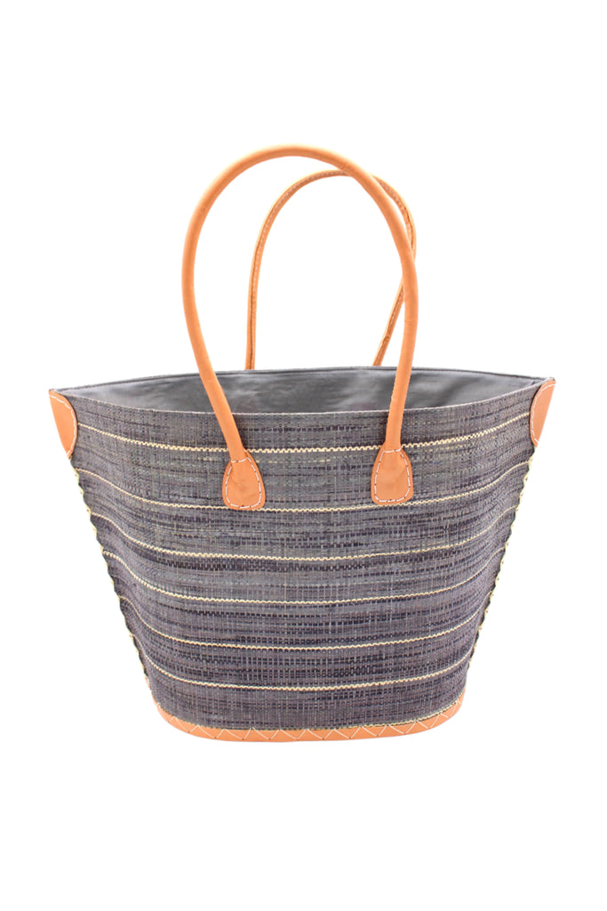 Santa Cruz Grey Pinstripes Small Straw Tote Bag handmade loomed raffia in wide bands of grey with narrow bands of natural horizontal stripe pattern handbag with leather handles handbag purse - Shebobo