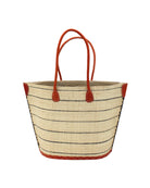 Santa Cruz Natural Pinstripes Small Straw Tote Bag handmade loomed raffia in a horizontal pinstripe pattern of wide bands of natural straw color with narrow black bands handbag with leather handles and accents - Shebobo