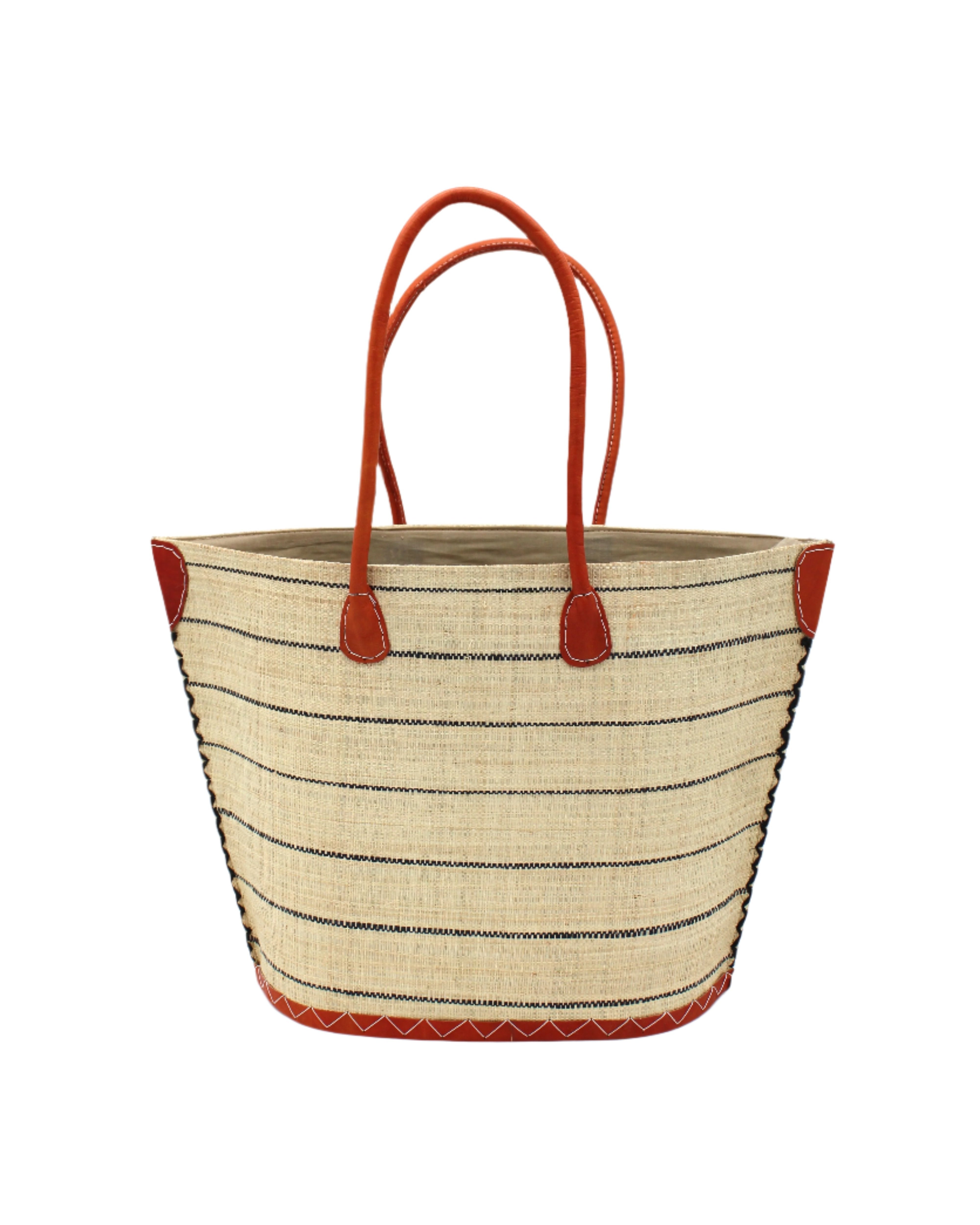 Santa Cruz Natural Pinstripes Small Straw Tote Bag handmade loomed raffia in a horizontal pinstripe pattern of wide bands of natural straw color with narrow black bands handbag with leather handles and accents - Shebobo