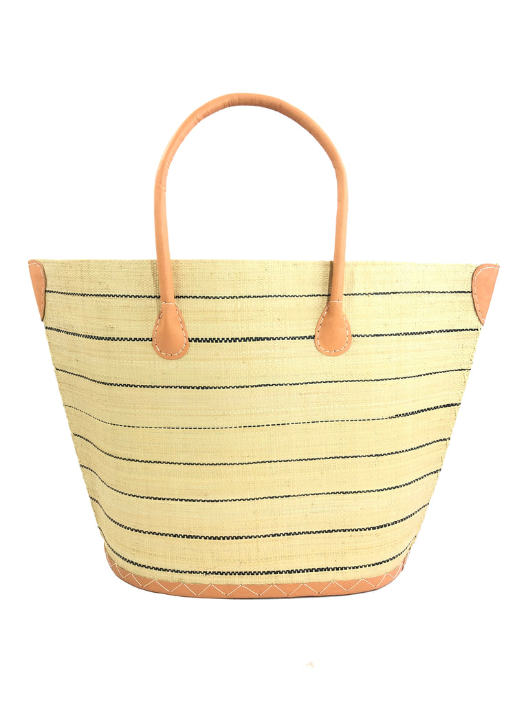 Santa Cruz Natural Pinstripes Small Straw Tote Bag handmade loomed raffia in a horizontal pinstripe pattern of wide bands of natural straw color with narrow black bands handbag with leather handles and accents - Shebobo