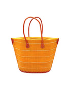 Santa Cruz Saffron Pinstripes Small Straw Tote Bag handmade loomed raffia in a horizontal pinstripe pattern of wide bands of saffron yellow/orange with narrow natural straw color bands handbag with leather handles and accents - Shebobo