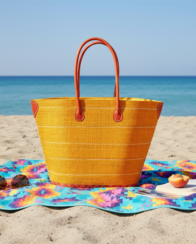 Lifestyle view Santa Cruz Saffron Pinstripes Small Straw Tote Bag handmade loomed raffia in a horizontal pinstripe pattern of wide bands of saffron yellow/orange with narrow natural straw color bands handbag with leather handles and accents - Shebobo