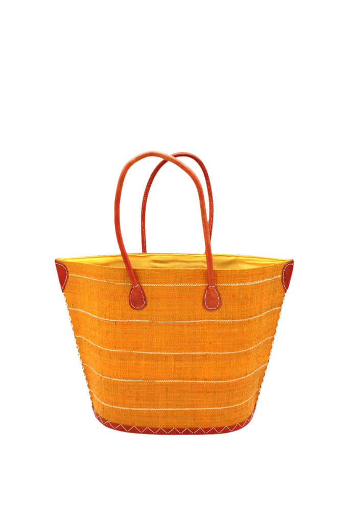 Santa Cruz Saffron Pinstripes Small Straw Tote Bag handmade loomed raffia in a horizontal pinstripe pattern of wide bands of saffron yellow/orange with narrow natural straw color bands handbag with leather handles and accents - Shebobo