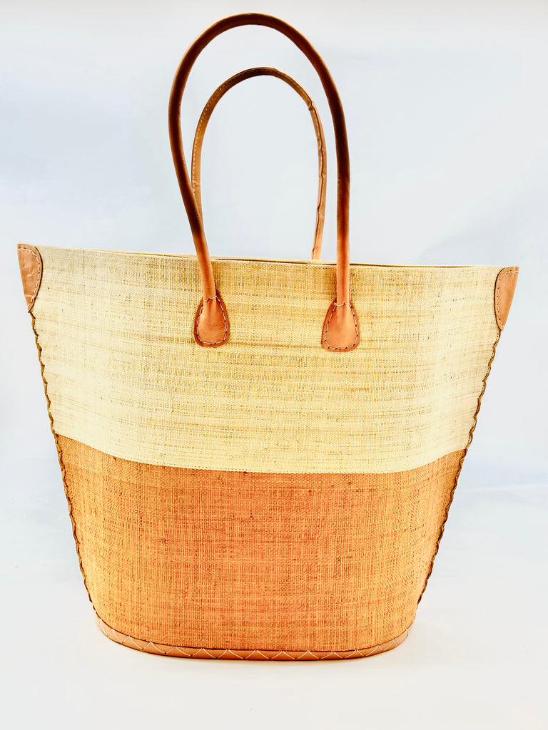 Santa Cruz Two Tone Large Straw Tote Bag handmade loomed raffia in a color block pattern with natural straw color on the top half and blush pink/orange on the bottom half plus leather handles and details extra large handbag beach bag - Shebobo