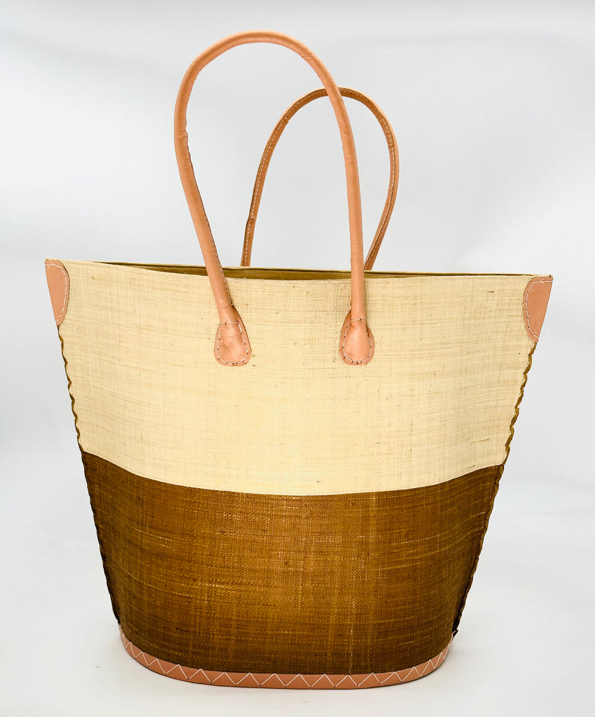 Santa Cruz Two Tone Large Straw Tote Bag handmade loomed raffia in a color block pattern with natural straw color on the top half and cinnamon/tobacco/brown on the bottom half plus leather handles and details extra large handbag beach bag - Shebobo