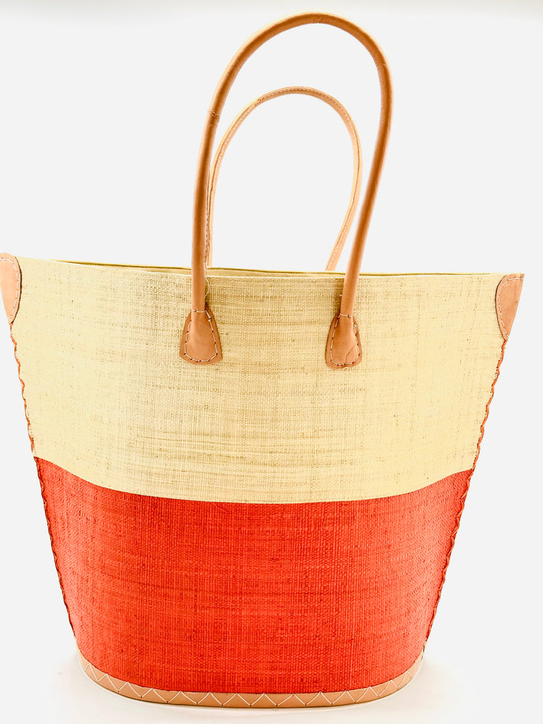 Santa Cruz Two Tone Large Straw Tote Bag handmade loomed raffia in a color block pattern with natural straw color on the top half and coral red/orange on the bottom half plus leather handles and details extra large handbag beach bag - Shebobo