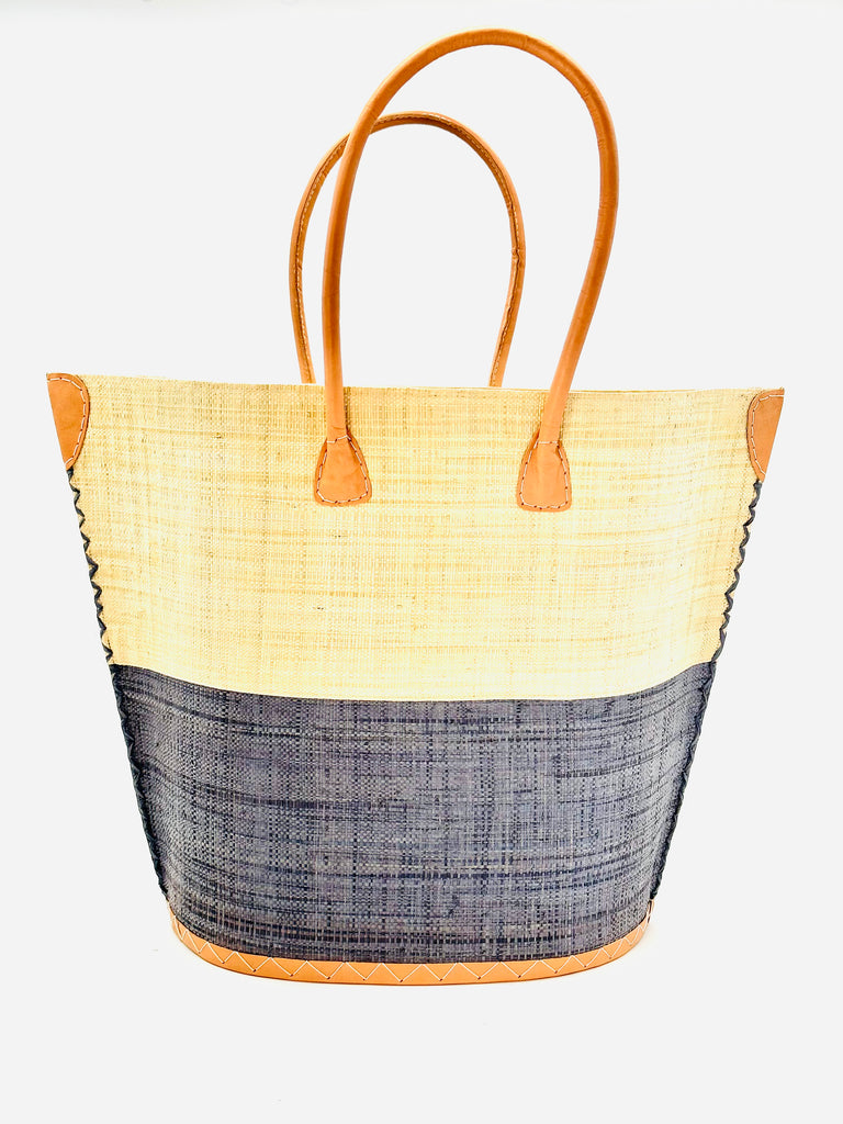 Santa Cruz Two Tone Large Straw Tote Bag handmade loomed raffia in a color block pattern with natural straw color on the top half and grey on the bottom half plus leather handles and details extra large handbag beach bag - Shebobo