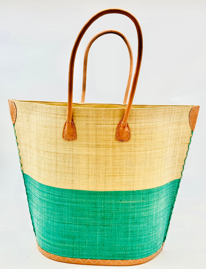 Santa Cruz Two Tone Large Straw Tote Bag handmade loomed raffia in a color block pattern with natural straw color on the top half and seafoam blue/green on the bottom half plus leather handles and details extra large handbag beach bag - Shebobo