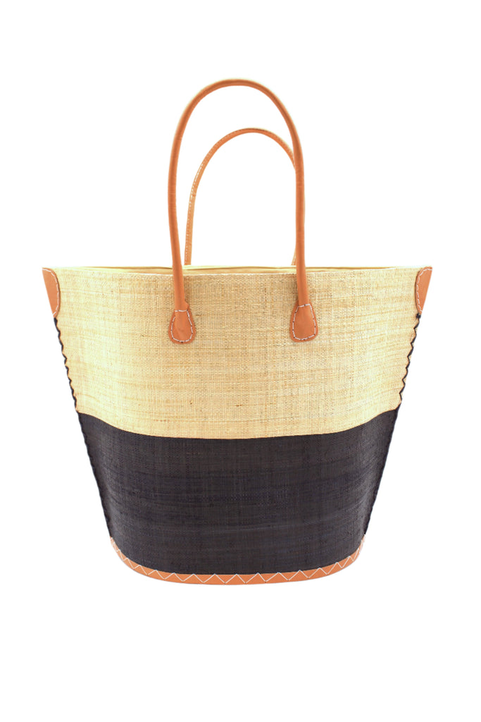 Santa Cruz Two Tone Large Straw Tote Bag handmade loomed raffia in a color block pattern with natural straw color on the top half and black on the bottom half plus leather handles and details extra large handbag beach bag - Shebobo