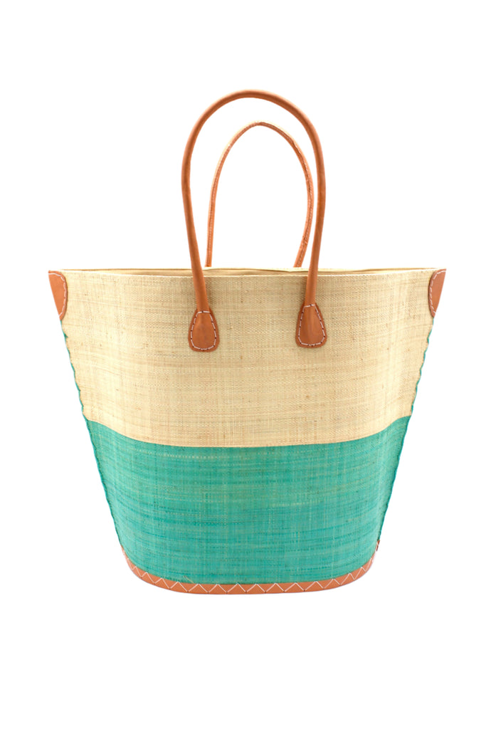 Santa Cruz Two Tone Large Straw Tote Bag handmade loomed raffia in a color block pattern with natural straw color on the top half and seafoam blue/green on the bottom half plus leather handles and details extra large handbag beach bag - Shebobo