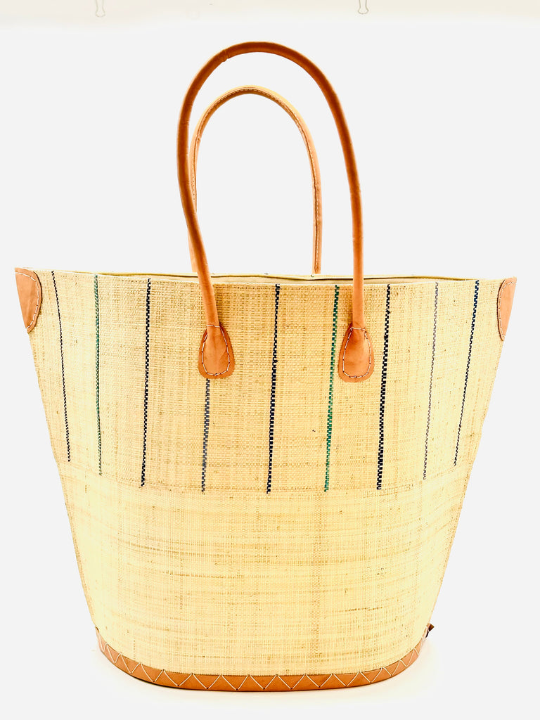 Santa Cruz Two Tone Pinstripes Blues Large Straw Tote Bag handmade loomed raffia in a wide stripe of natural straw color with multicolor blue thin stripes of light, dark, navy, and seafoam in a vertical pinstripe pattern on the top half and solid natural color on the bottom half handbag with leather handles and details beach bag - Shebobo