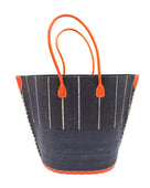 Santa Cruz Two Tone Large Straw Tote Bag handmade beach bag loomed raffia solid black bottom with black and natural straw color vertical pinstripe pattern top half plus leather handles xl handbag shoulder bag - Shebobo