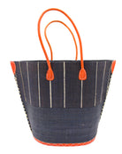 Santa Cruz Two Tone Large Straw Tote Bag handmade beach bag loomed raffia solid black bottom with black and natural straw color vertical pinstripe pattern top half plus leather handles xl handbag shoulder bag - Shebobo