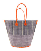 Santa Cruz Two Tone Large Straw Tote Bag handmade beach bag loomed raffia solid grey bottom with grey and natural straw color vertical pinstripe pattern top half plus leather handles xl handbag shoulder bag - Shebobo