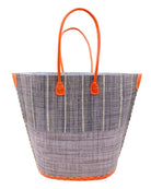 Santa Cruz Two Tone Large Straw Tote Bag handmade beach bag loomed raffia solid grey bottom with grey and natural straw color vertical pinstripe pattern top half plus leather handles xl handbag shoulder bag - Shebobo