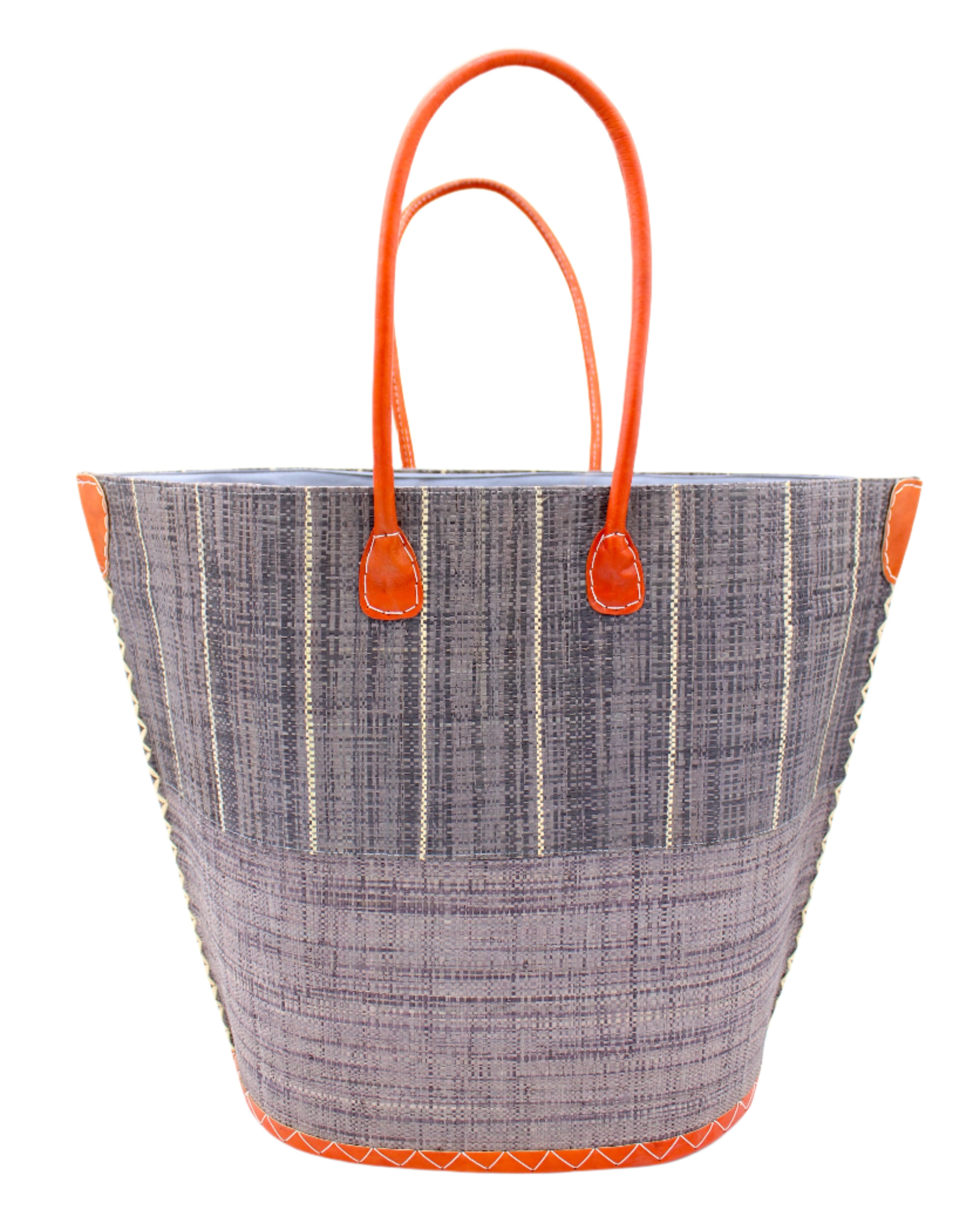 Santa Cruz Two Tone Large Straw Tote Bag handmade beach bag loomed raffia solid grey bottom with grey and natural straw color vertical pinstripe pattern top half plus leather handles xl handbag shoulder bag - Shebobo