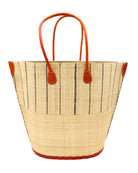 Santa Cruz Two Tone Large Straw Tote Bag handmade beach bag loomed raffia solid natural straw color bottom with natural and black vertical pinstripe pattern top half plus leather handles xl handbag shoulder bag - Shebobo
