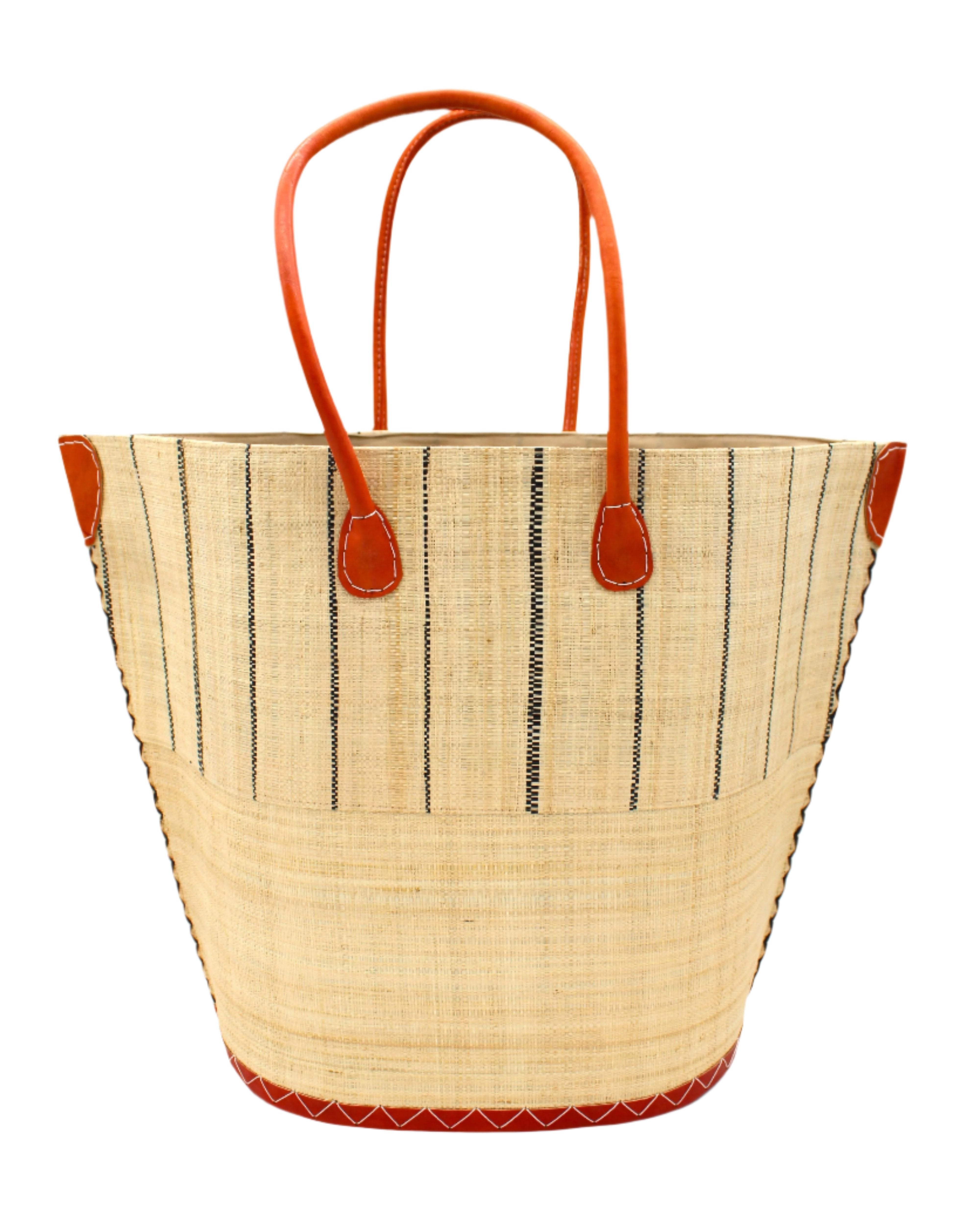 Santa Cruz Two Tone Large Straw Tote Bag handmade beach bag loomed raffia solid natural straw color bottom with natural and black vertical pinstripe pattern top half plus leather handles xl handbag shoulder bag - Shebobo