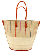 Santa Cruz Two Tone Large Straw Tote Bag handmade beach bag loomed raffia solid natural straw color bottom with natural and multicolor fuchsia pink, coral orange, and navy blue vertical pinstripe pattern top half plus leather handles xl handbag shoulder bag - Shebobo