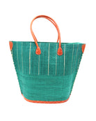 Santa Cruz Two Tone Large Straw Tote Bag handmade beach bag loomed raffia solid teal dark/blue/green bottom with teal and natural straw color vertical pinstripe pattern top half plus leather handles xl handbag shoulder bag - Shebobo
