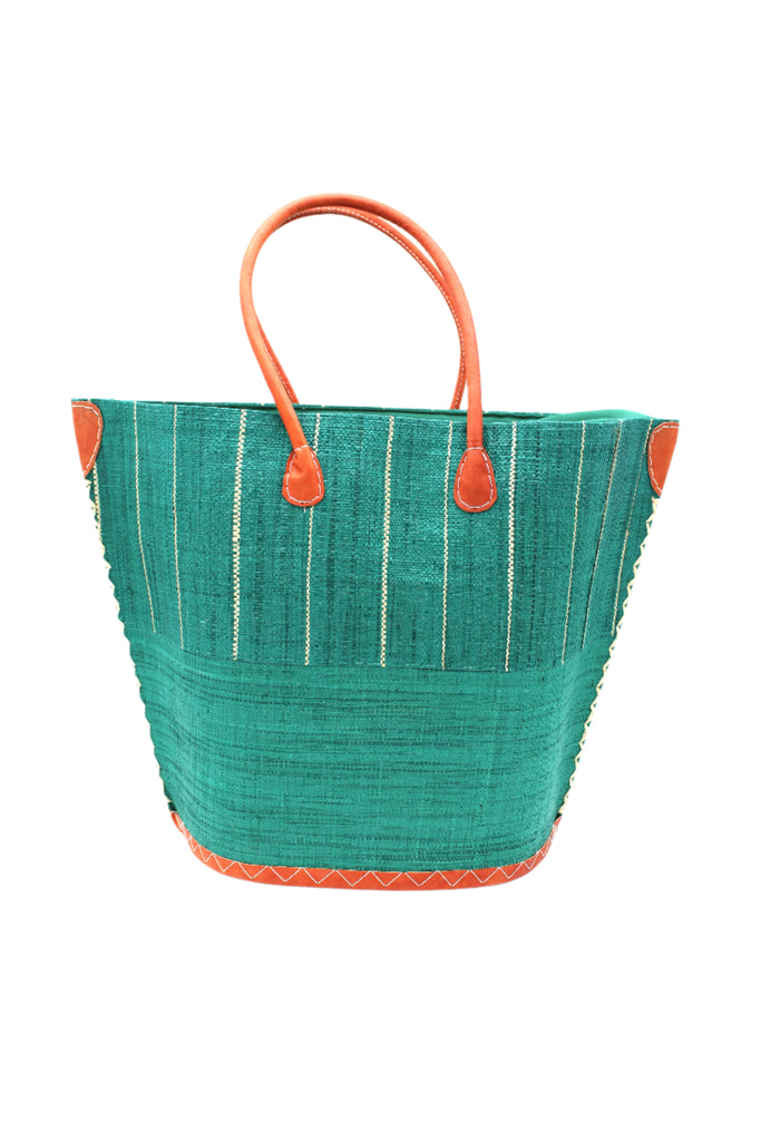 Santa Cruz Two Tone Large Straw Tote Bag handmade beach bag loomed raffia solid teal dark/blue/green bottom with teal and natural straw color vertical pinstripe pattern top half plus leather handles xl handbag shoulder bag - Shebobo