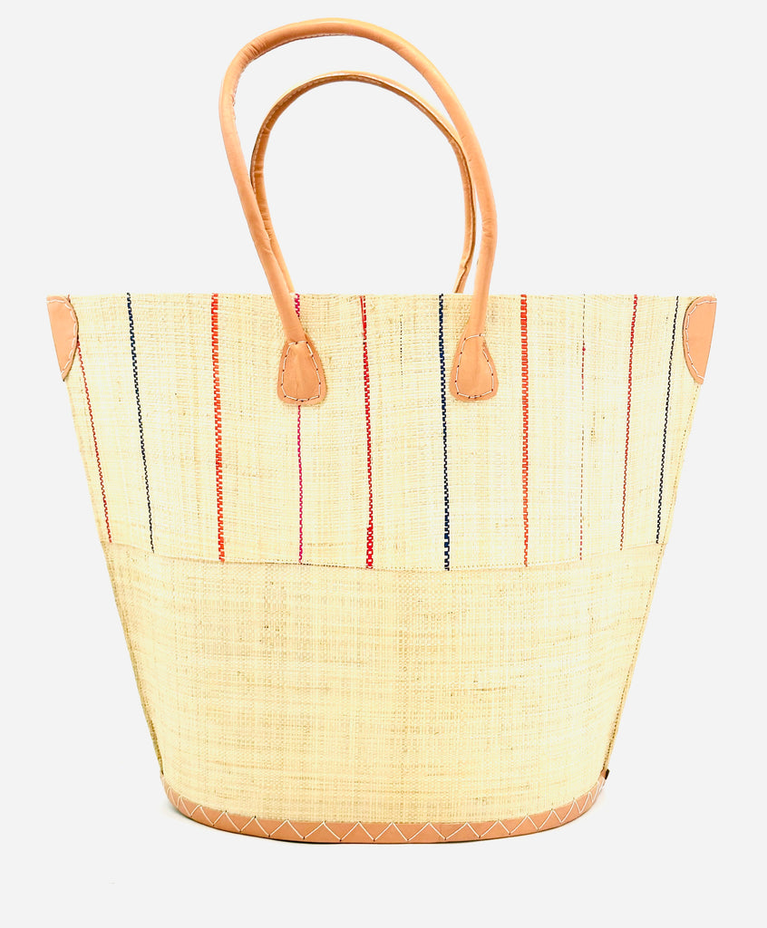 Santa Cruz Two Tone Pinstripes Multi Large Straw Tote Bag handmade loomed raffia in a wide stripe of natural straw color with multicolor thin stripes of fuchsia pink, coral red/orange, and navy blue in a vertical pinstripe pattern on the top half and solid natural on the bottom half handbag with leather handles and details beach bag - Shebobo