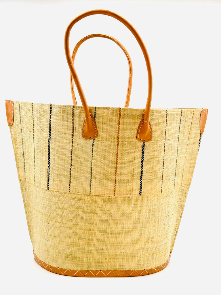Santa Cruz Two Tone Pinstripes Neutrals Large Straw Tote Bag handmade loomed raffia in a wide stripe of natural straw color with multicolor thin stripes of black, cinnamon/tobacco/brown, tea brown, and grey in a vertical pinstripe pattern on the top half and solid natural on the bottom half handbag with leather handles and details beach bag - Shebobo