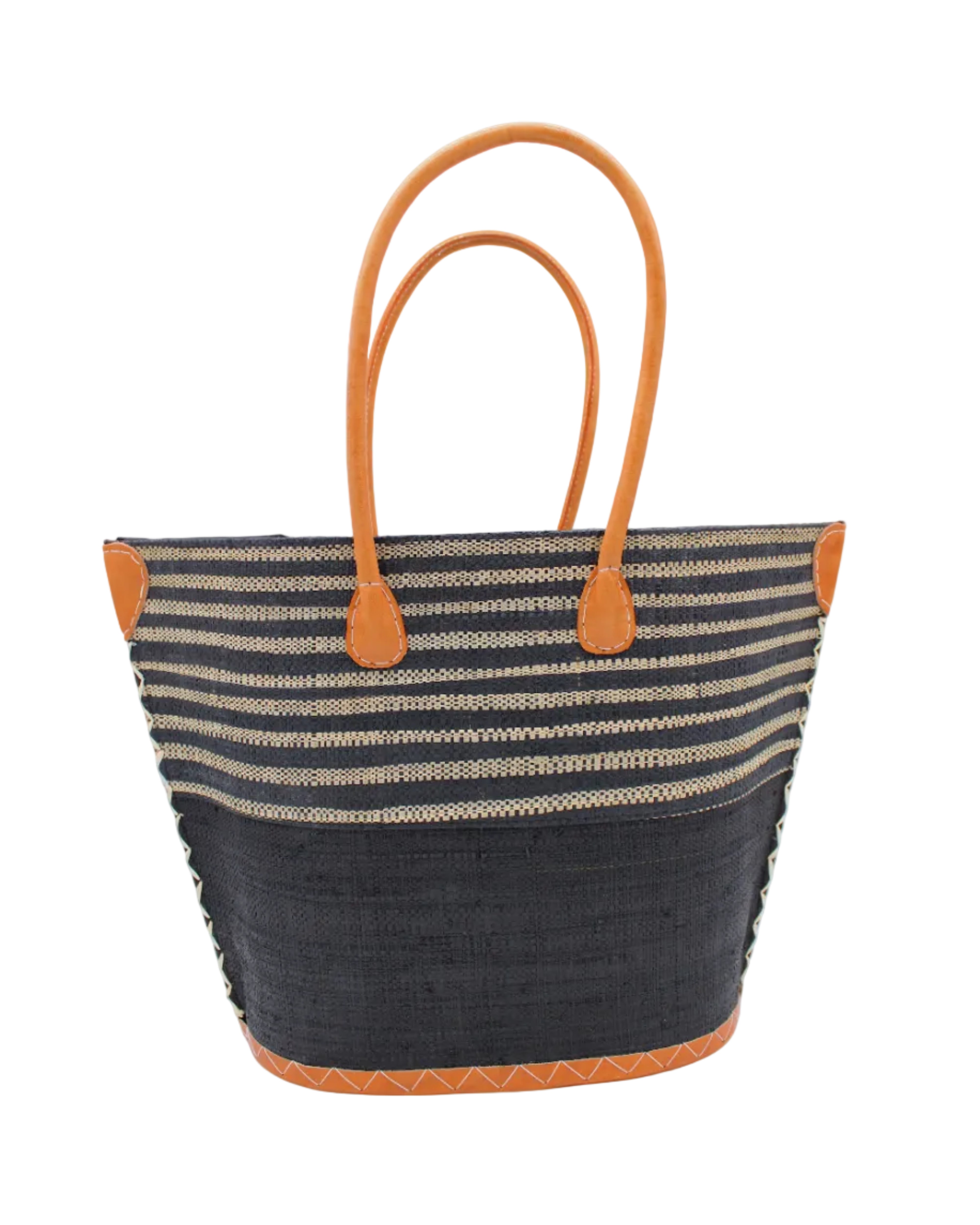 Santa Cruz Black & Natural Two Tone Wide Stripe Small Straw Tote Bag handmade loomed natural raffia palm fiber in a two tone color block pattern of solid black on the bottom half of the bag and two tone even width horizontal stripes of black and natural straw color on the top half of the bag with leather handles and details beach bag handbag purse - Shebobo