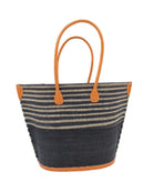 Santa Cruz Black & Natural Two Tone Wide Stripe Small Straw Tote Bag handmade loomed natural raffia palm fiber in a two tone color block pattern of solid black on the bottom half of the bag and two tone even width horizontal stripes of black and natural straw color on the top half of the bag with leather handles and details beach bag handbag purse - Shebobo