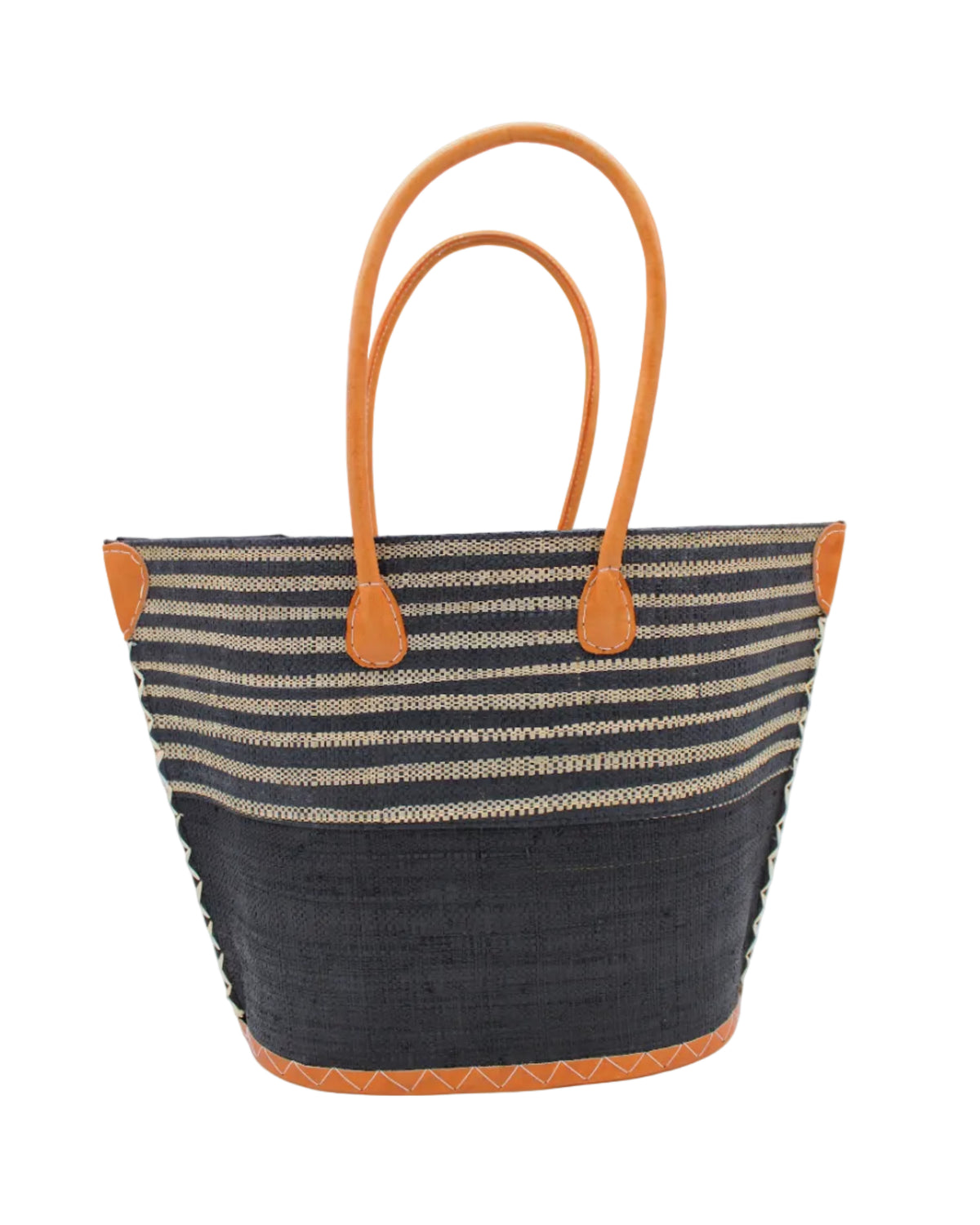 Santa Cruz Black & Natural Two Tone Wide Stripe Small Straw Tote Bag handmade loomed natural raffia palm fiber in a two tone color block pattern of solid black on the bottom half of the bag and two tone even width horizontal stripes of black and natural straw color on the top half of the bag with leather handles and details beach bag handbag purse - Shebobo