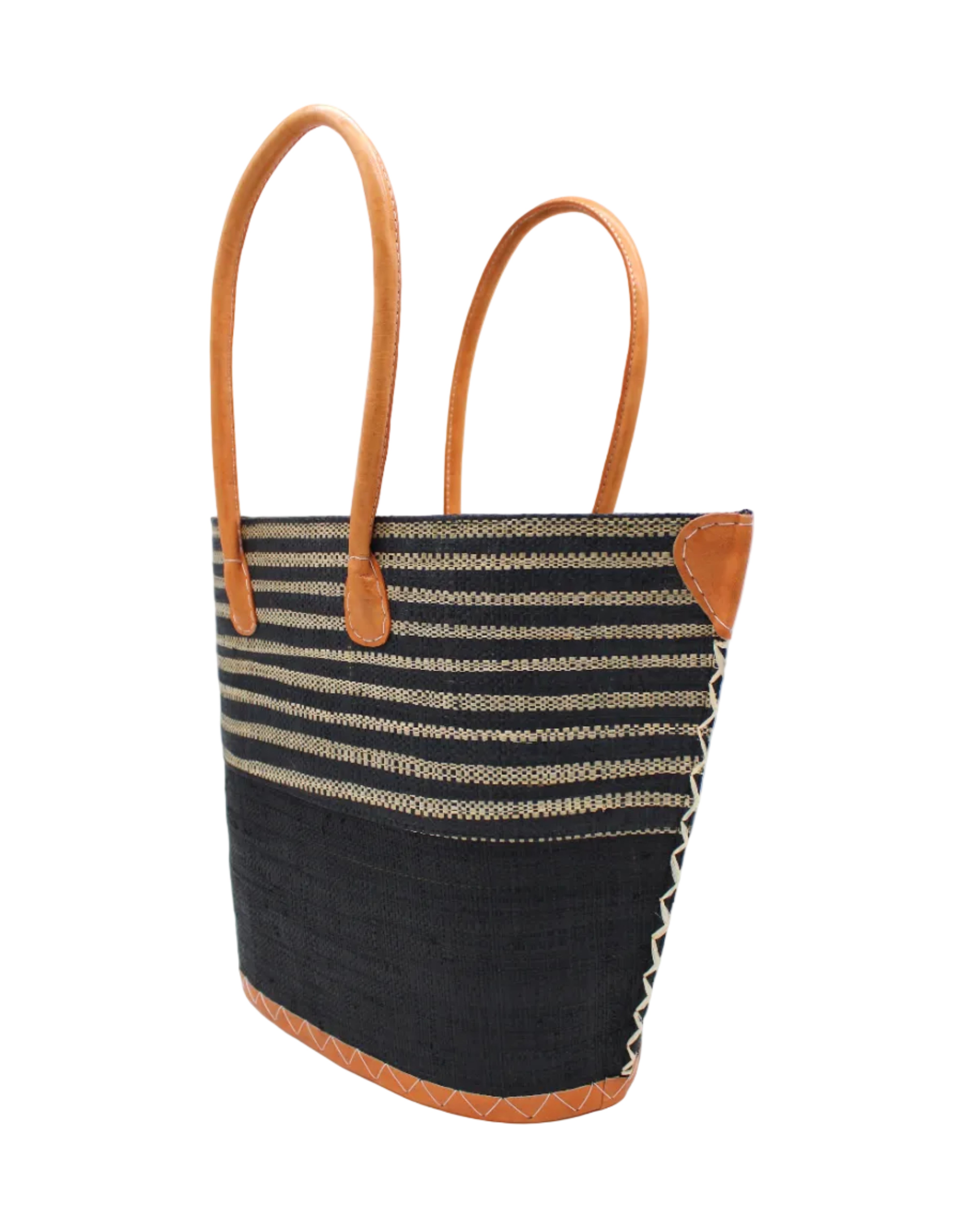 Side view Santa Cruz Black & Natural Two Tone Wide Stripe Small Straw Tote Bag handmade loomed natural raffia palm fiber in a two tone color block pattern of solid black on the bottom half of the bag and two tone even width horizontal stripes of black and natural straw color on the top half of the bag with leather handles and details beach bag handbag purse - Shebobo
