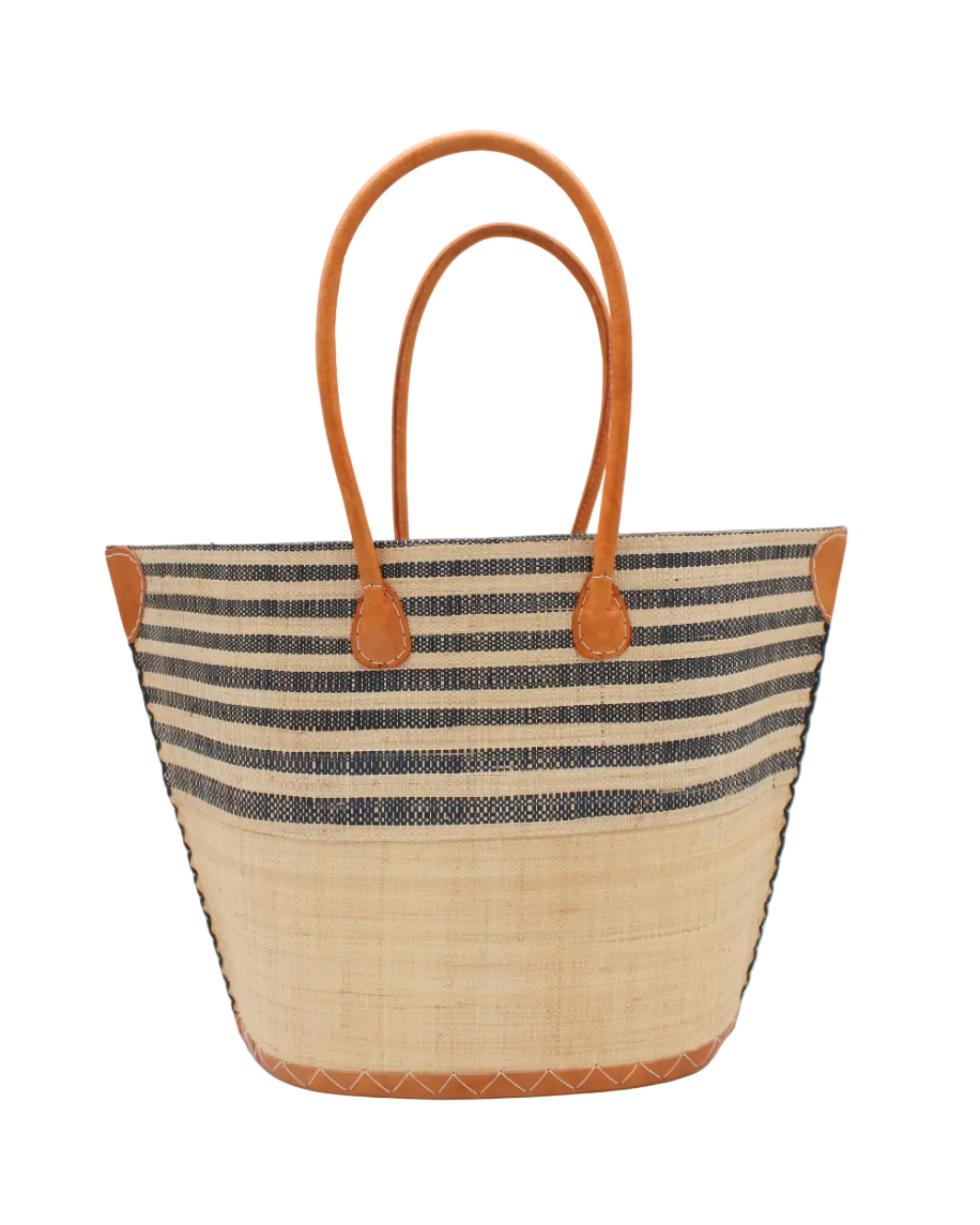 Santa Cruz Natural & Black Two Tone Wide Stripe Small Straw Tote Bag handmade loomed natural raffia palm fiber in a two tone color block pattern of solid Natural straw color on the bottom half of the bag and two tone even width horizontal stripes of natural and black on the top half of the bag with leather handles and details beach bag handbag purse - Shebobo
