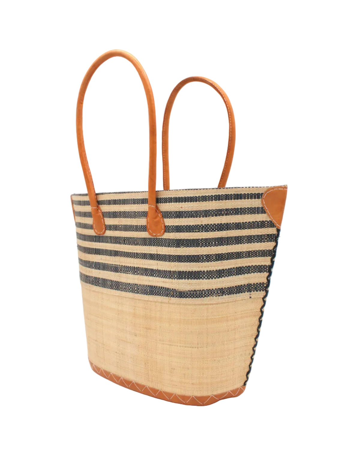 Side view Santa Cruz Natural & Black Two Tone Wide Stripe Small Straw Tote Bag handmade loomed natural raffia palm fiber in a two tone color block pattern of solid Natural straw color on the bottom half of the bag and two tone even width horizontal stripes of natural and black on the top half of the bag with leather handles and details beach bag handbag purse - Shebobo