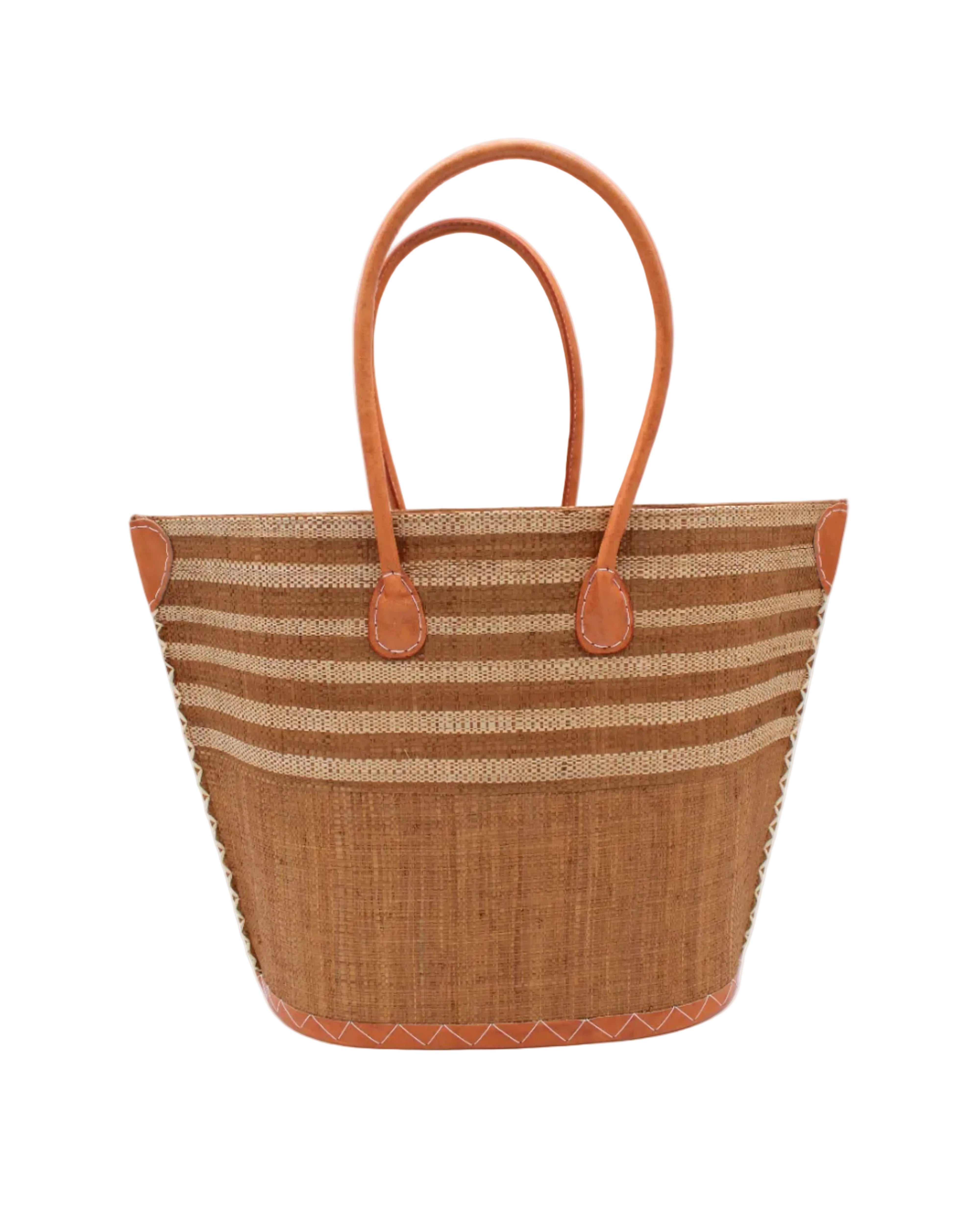 Santa Cruz Tobacco & Natural Two Tone Wide Stripe Small Straw Tote Bag handmade loomed natural raffia palm fiber in a two tone color block pattern of solid Tobacco dark/cinnamon/brown on the bottom half of the bag and two tone even width horizontal stripes of tobacco and natural straw color on the top half of the bag with leather handles and details beach bag handbag purse - Shebobo