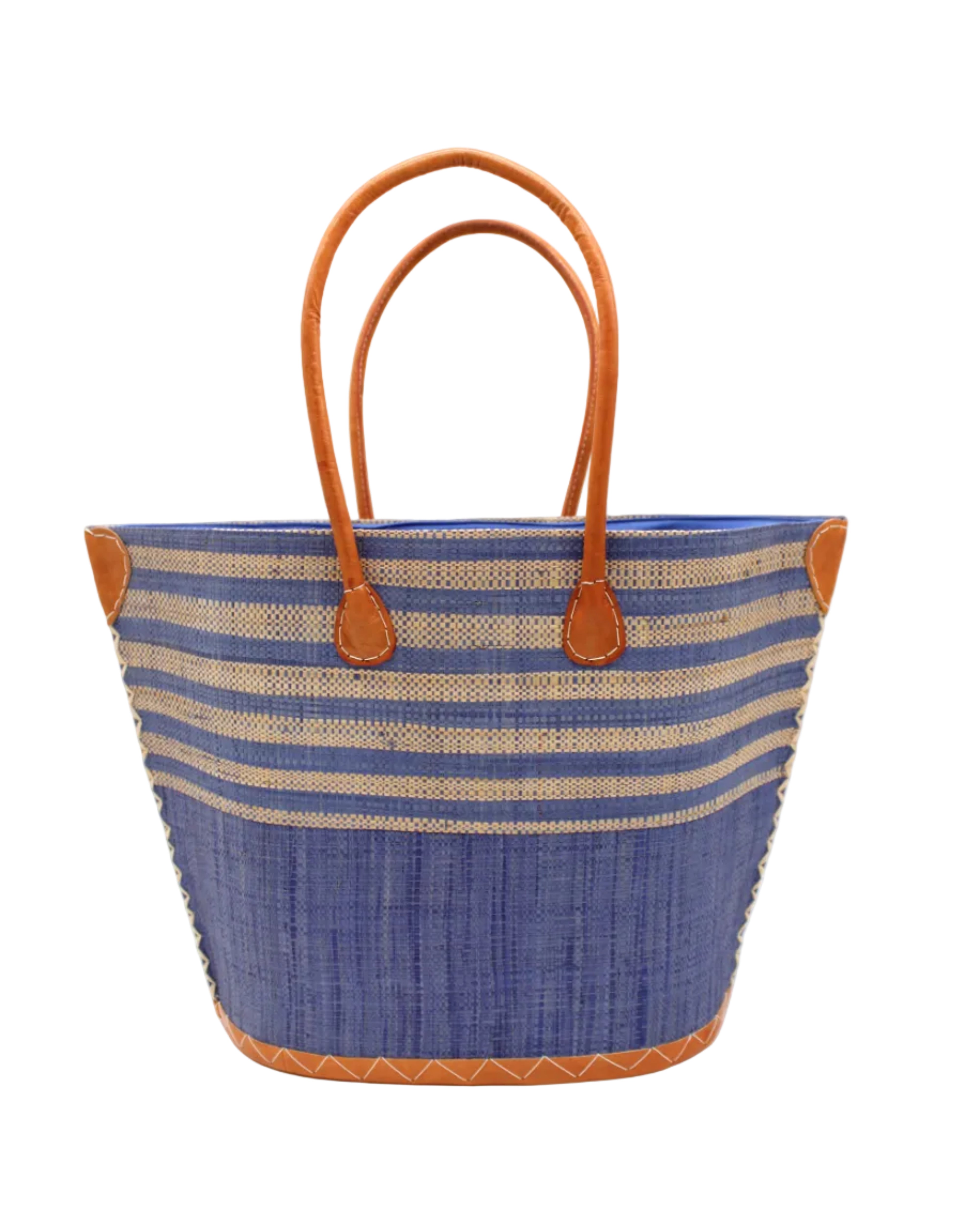 Santa Cruz Denim & Natural Two Tone Wide Stripe Small Straw Tote Bag handmade loomed natural raffia palm fiber in a two tone color block pattern of solid denim retro/light/blue on the bottom half of the bag and two tone even width horizontal stripes of denim and natural straw color on the top half of the bag with leather handles and details beach bag handbag purse - Shebobo
