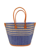 Santa Cruz Denim & Natural Two Tone Wide Stripe Small Straw Tote Bag handmade loomed natural raffia palm fiber in a two tone color block pattern of solid denim retro/light/blue on the bottom half of the bag and two tone even width horizontal stripes of denim and natural straw color on the top half of the bag with leather handles and details beach bag handbag purse - Shebobo
