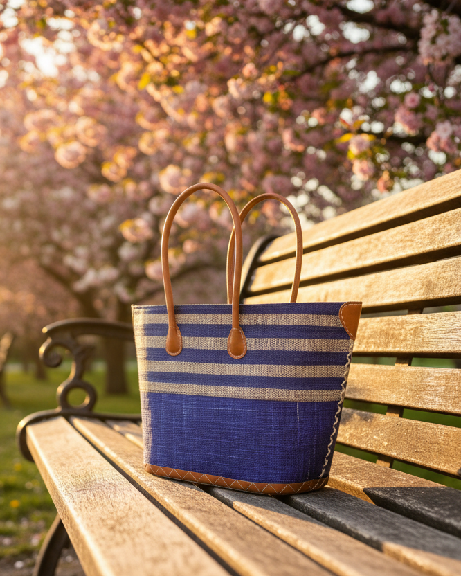 Lifestyle view Side view Santa Cruz Dusk & Natural Two Tone Wide Stripe Small Straw Tote Bag handmade loomed natural raffia palm fiber in a two tone color block pattern of solid dusk navy/dark/blue on the bottom half of the bag and two tone even width horizontal stripes of dusk and natural straw color on the top half of the bag with leather handles and details beach bag handbag purse - Shebobo