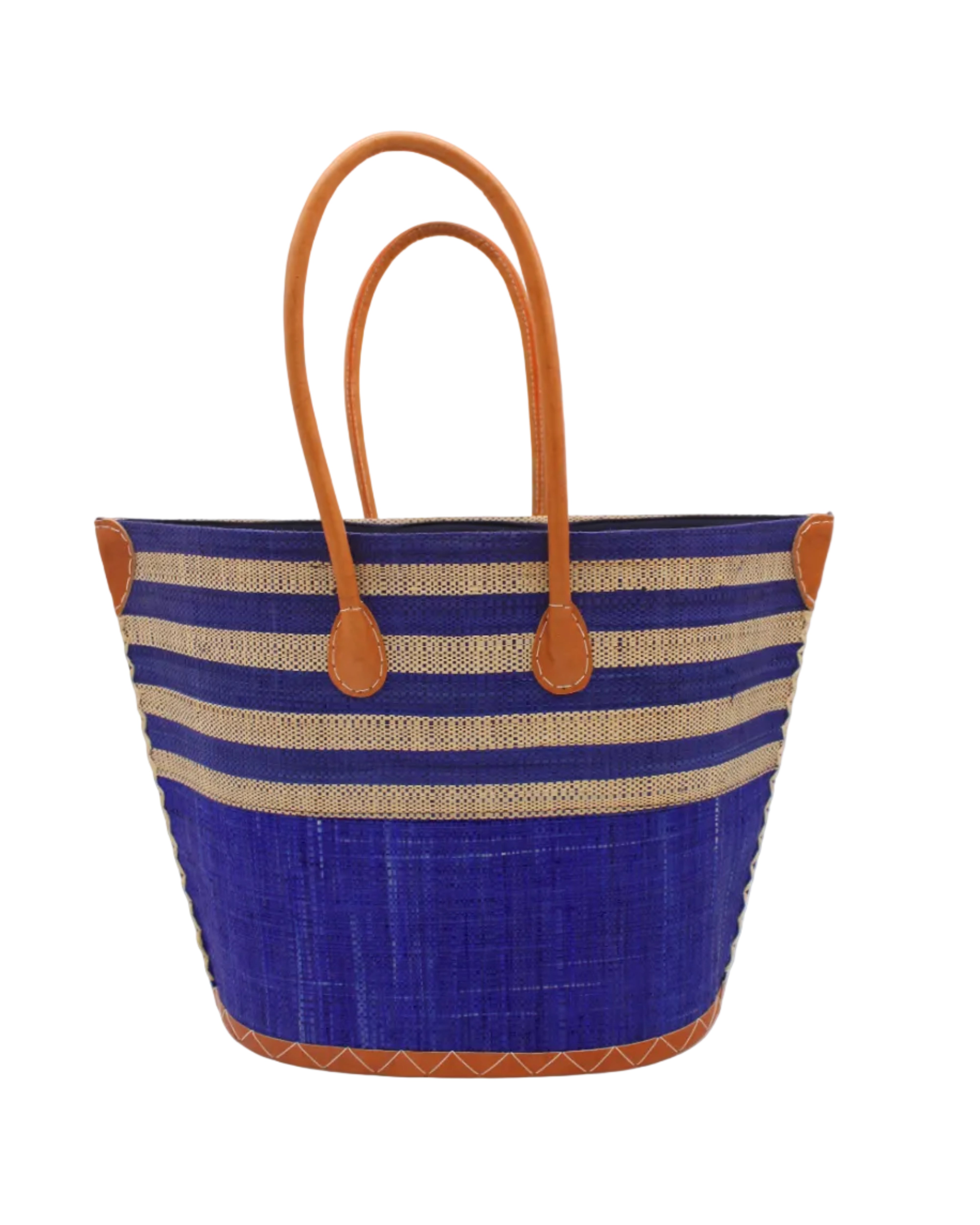 Santa Cruz Dusk & Natural Two Tone Wide Stripe Small Straw Tote Bag handmade loomed natural raffia palm fiber in a two tone color block pattern of solid dusk navy/dark/blue on the bottom half of the bag and two tone even width horizontal stripes of dusk and natural straw color on the top half of the bag with leather handles and details beach bag handbag purse - Shebobo