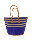 Santa Cruz Dusk & Natural Two Tone Wide Stripe Small Straw Tote Bag handmade loomed natural raffia palm fiber in a two tone color block pattern of solid dusk navy/dark/blue on the bottom half of the bag and two tone even width horizontal stripes of dusk and natural straw color on the top half of the bag with leather handles and details beach bag handbag purse - Shebobo