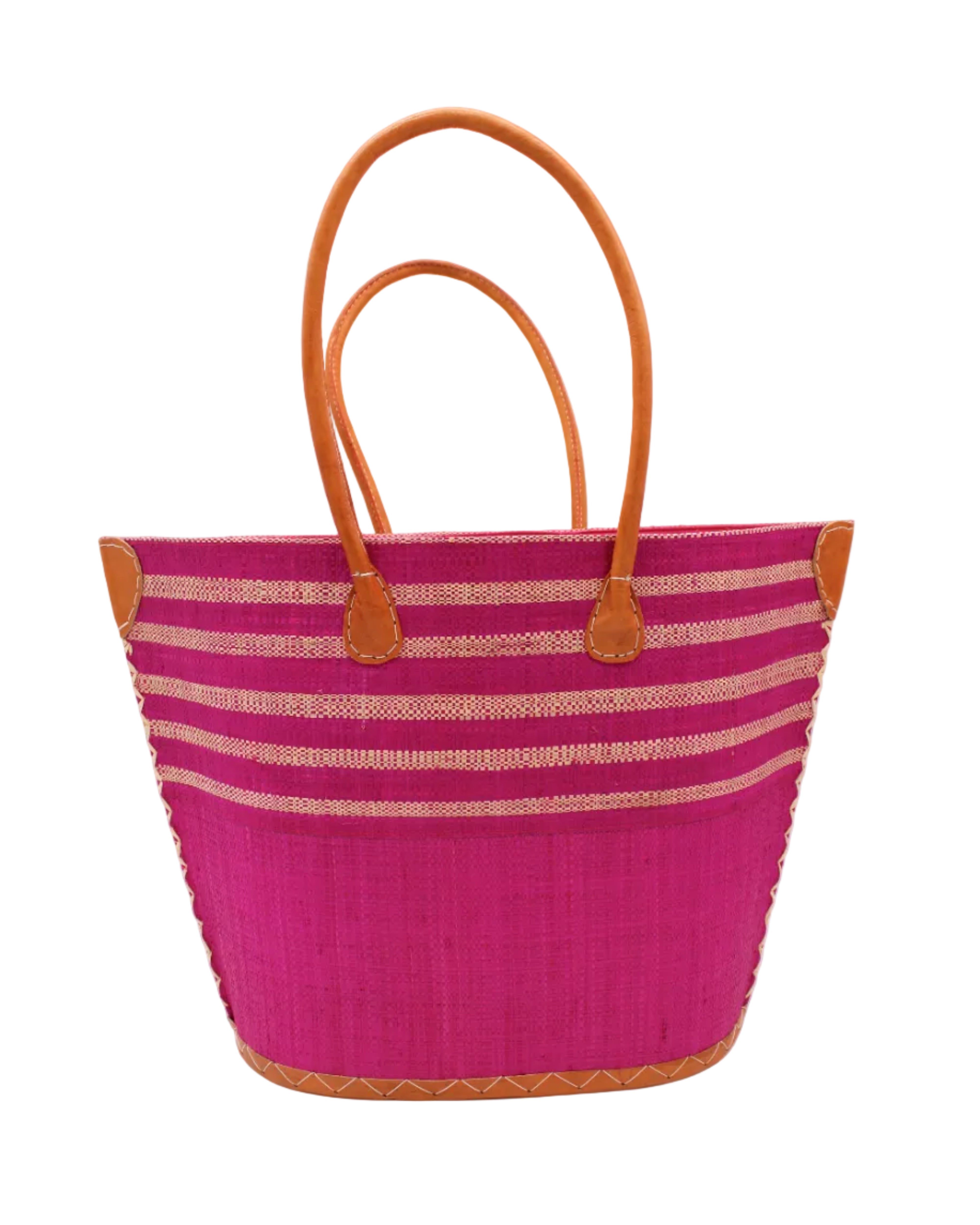 Santa Cruz Fuchsia & Natural Two Tone Wide Stripe Small Straw Tote Bag handmade loomed natural raffia palm fiber in a two tone color block pattern of solid fuchsia hot/bright/barbie/pink on the bottom half of the bag and two tone even width horizontal stripes of fuchsia and natural straw color on the top half of the bag with leather handles and details beach bag handbag purse - Shebobo