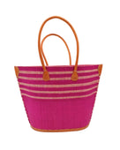 Santa Cruz Fuchsia & Natural Two Tone Wide Stripe Small Straw Tote Bag handmade loomed natural raffia palm fiber in a two tone color block pattern of solid fuchsia hot/bright/barbie/pink on the bottom half of the bag and two tone even width horizontal stripes of fuchsia and natural straw color on the top half of the bag with leather handles and details beach bag handbag purse - Shebobo