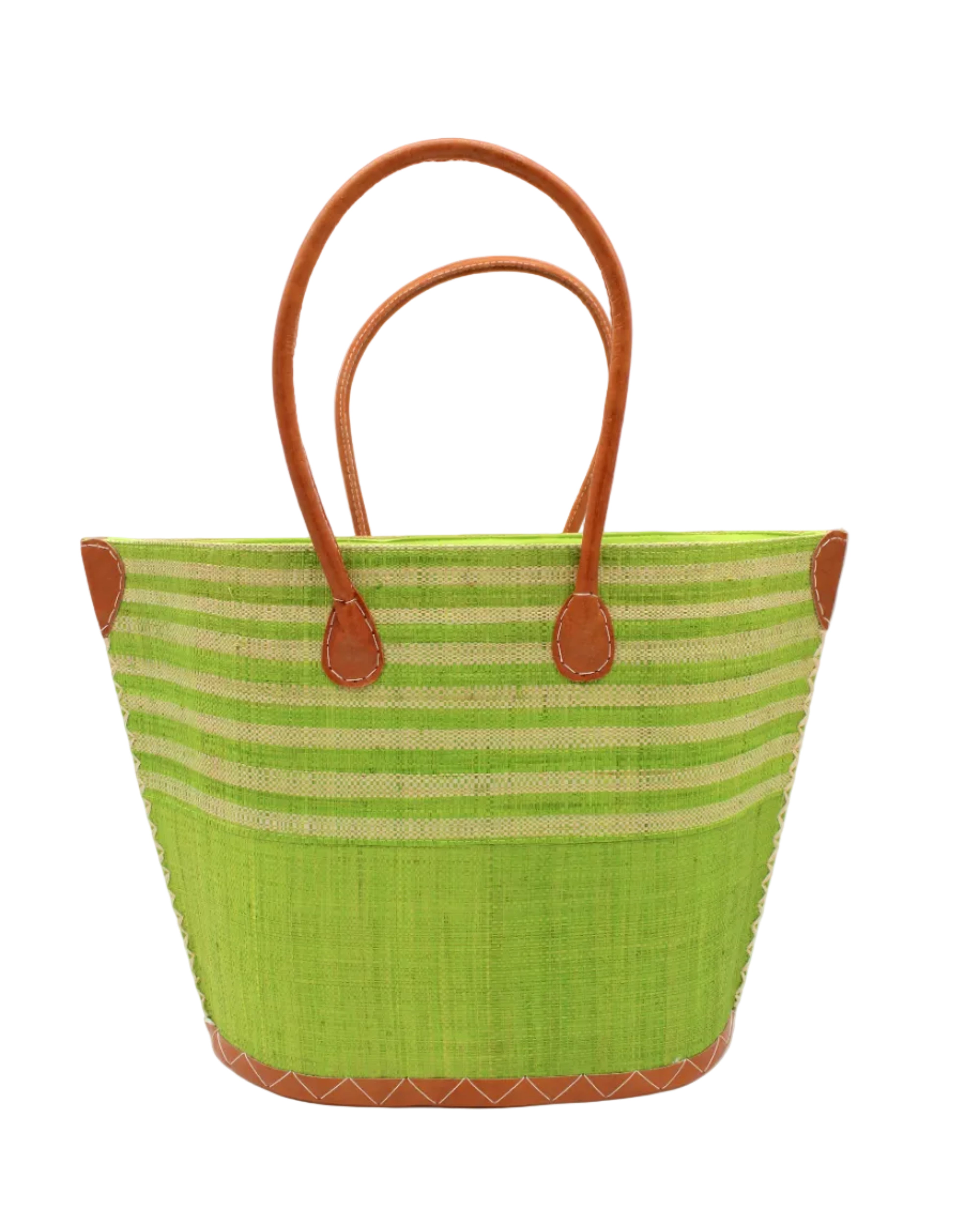 Santa Cruz Midori & Natural Two Tone Wide Stripe Small Straw Tote Bag handmade loomed natural raffia palm fiber in a two tone color block pattern of solid Midori lime/bright/neon/green on the bottom half of the bag and two tone even width horizontal stripes of midori and natural straw color on the top half of the bag with leather handles and details beach bag handbag purse - Shebobo